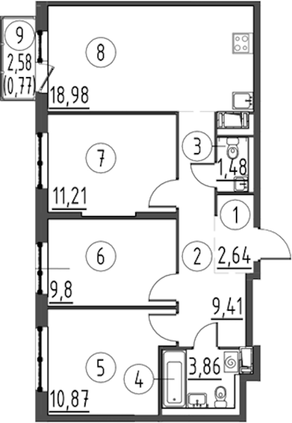 3-комнатная квартира 69.02 м², 3/13 эт., ЖК «Квартал Торики»